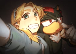 Size: 2048x1448 | Tagged: safe, artist:cham__623, maria robotnik, shadow the hedgehog, human, 2023, akanbe, duo, grin, hand on another's shoulder, lidded eyes, looking at viewer, selfie, smile, tongue out