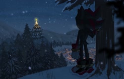 Size: 1800x1150 | Tagged: safe, artist:cham__623, shadow the hedgehog, 2022, christmas, from behind, nighttime, outdoors, snow, solo, standing, tree, winter