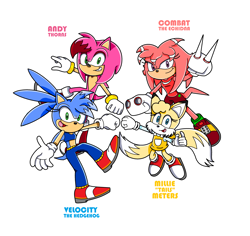 Size: 3036x2868 | Tagged: safe, artist:successful-plant2925, amy rose, knuckles the echidna, miles "tails" prower, sonic the hedgehog, oc, oc:andy thorns, oc:combat the echidna, oc:millie meters, oc:velocity the hedgehog, 2025, alternate hairstyle, alternate outfit, alternate universe, character name, clothes, english text, eyelashes, gender swap, group, looking at viewer, mouth open, open smile, simple background, smile, team sonic, text, white background