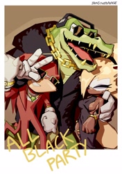 Size: 1440x2047 | Tagged: safe, artist:ironicnotsavage, knuckles the echidna, vector the crocodile, whisper the wolf, 2026, alternate outfit, arm around shoulders, black history month, clothes, dress, english text, jacket, smile, standing, sunglasses, text, trio, v sign