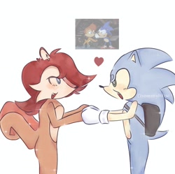 Size: 2372x2358 | Tagged: safe, artist:thommyhhw, sally acorn, sonic the hedgehog, chipmunk, hedgehog, 2025, bag, blushing, carrying something, duo, female, heart, looking at each other, male, redraw, sally x sonic, shipping, simple background, sonic satam, straight, white background