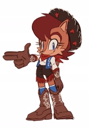 Size: 1423x2048 | Tagged: safe, artist:jadepesky, sally acorn, chipmunk, 2026, alternate outfit, clothes, female, fully clothed, hat, looking at viewer, pose, shirt, shorts, simple background, smile, solo, white background