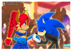 Size: 877x619 | Tagged: safe, artist:underworldcircle, sally acorn, sonic the hedgehog, chipmunk, hedgehog, 2026, alternate outfit, blushing, clothes, dress, duo, duo focus, female, fully clothed, kiss on hand, male, sally x sonic, shipping, straight, suit