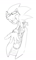 Size: 954x1606 | Tagged: safe, artist:bb_meronpan, sonic the hedgehog, 2025, extreme gear, greyscale, grin, looking at viewer, monochrome, riders outfit, simple background, sketch, smile, solo, sonic riders, standing, white background