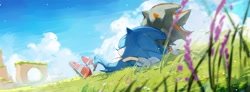 Size: 1746x646 | Tagged: safe, artist:bb_meronpan, shadow the hedgehog, sonic the hedgehog, green hill zone, 2025, clouds, daytime, duo, eyes closed, gay, grass, loop, lying back, lying down, outdoors, shadow x sonic, shipping, smile