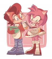Size: 1640x1867 | Tagged: safe, artist:jadepesky, amy rose, sally acorn, chipmunk, hedgehog, 2026, baking, cooking, duo, female, friendship, holding something, sally's vest and boots, spoon