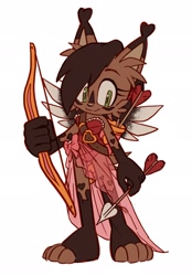 Size: 1423x2048 | Tagged: safe, artist:jadepesky, nicole the hololynx, lynx, 2026, alternate outfit, arrow (weapon), bow (weapon), clothes, female, holding something, simple background, smile, solo, valentine's day, weapon, white background