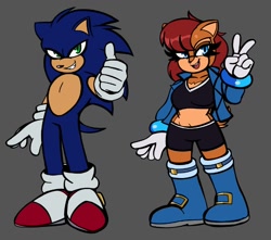 Size: 814x721 | Tagged: safe, artist:ducklordo, sally acorn, sonic the hedgehog, chipmunk, hedgehog, 2026, duo, female, looking at viewer, male, pose, sally's ringblader outfit, simple background, thumbs up, v sign
