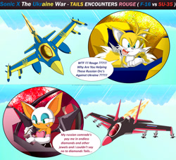 Size: 5000x4540 | Tagged: safe, artist:jmantime-is-here, miles "tails" prower, rouge the bat, bat, fox, 2025, aircraft, comic, daytime, dialogue, duo, english text, f-16 fighting falcon, fighter aircraft, fighting, speech bubble, su-35 flanker, vehicle