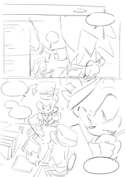 Size: 1030x1458 | Tagged: safe, artist:bb_meronpan, sonic the hedgehog, oc, 2025, blank speech bubble, comic, duo, greyscale, hat, holding something, looking at them, monochrome, mouth open, simple background, sitting, sketch, smile, speech bubble, standing, white background