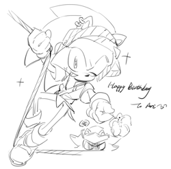 Size: 1070x1054 | Tagged: safe, artist:bb_meronpan, shadow the hedgehog, sonic the hedgehog, 2025, duo, english text, flower, gift art, greyscale, holding something, looking at viewer, monochrome, pirate outfit, rope, simple background, sketch, smile, squiggle, white background, wink