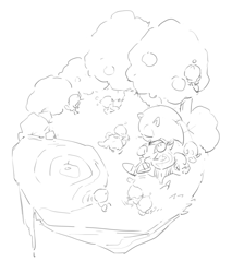 Size: 1072x1260 | Tagged: safe, artist:bb_meronpan, flicky, sonic the hedgehog, bird, chao, 2025, chao garden, cute, eyes closed, from above, greyscale, group, holding something, literal animal, monochrome, mouth open, outdoors, playing music, simple background, sitting, sketch, smile, tree, water, white background