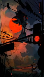 Size: 712x1228 | Tagged: safe, artist:bb_meronpan, shadow the hedgehog, 2025, clouds, from behind, outdoors, sketch, solo, standing, sun, traffic light
