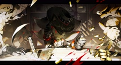 Size: 3500x1876 | Tagged: safe, artist:bb_meronpan, shadow the hedgehog, 2025, blood, coin, hat, jacket, knife, looking at viewer, outllaw shadow, sitting, smile, solo, sonic forces: speed battle, table