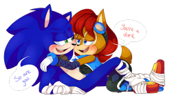 Size: 1396x811 | Tagged: safe, artist:sammi-arts, sally acorn, sonic the hedgehog, chipmunk, hedgehog, 2015, blank background, blushing, dialogue, duo, english text, female, goggles, hand on another's shoulder, looking at each other, male, sally x sonic, scarf, shipping, sonic boom (tv), speech bubble, straight