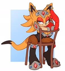 Size: 1885x2047 | Tagged: suggestive, artist:milkchaotea, oc, oc:aztec the kangaroo, 2025, blushing, boxing gloves, busty oc, chair, cleavage, eyelashes, fishnets, kangaroo, lidded eyes, oc only, one fang, outline, sitting, smile, solo