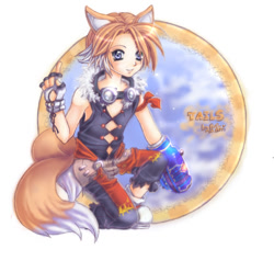 Size: 698x664 | Tagged: safe, artist:miriamele, miles "tails" prower, human, 2008, anime, arm buster, cute, fingerless gloves, goggles, goggles around neck, humanized, looking at viewer, partially humanized, pointing, ring, simple background, smile, smiling at viewer, solo, species swap, white background