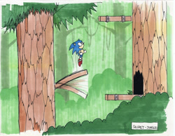 Size: 2000x1548 | Tagged: safe, artist:yasushi yamaguchi, sonic the hedgehog, sonic the hedgehog 2, classic sonic, concept art, forest, jumping, jungle, official artwork, outdoors, solo, tree, vine, wood zone