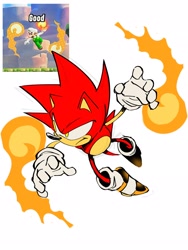 Size: 1536x2048 | Tagged: safe, artist:deluxe duke, sonic the hedgehog, 2023, fan transformation, fire, fire sonic, flame, frown, looking offscreen, mid-air, posing, reference inset, simple background, solo, white background, yellow eyes, yellow shoes