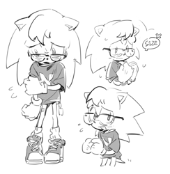 Size: 1116x1144 | Tagged: safe, artist:bb_meronpan, nicky, sonic the hedgehog, 2025, glasses, greyscale, monochrome, mouth open, shirt, simple background, sketch, smile, solo, sonic the hedgehog (shogakukan), standing, white background