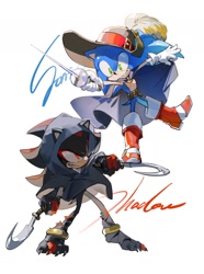 Size: 1178x1586 | Tagged: safe, artist:bb_meronpan, shadow the hedgehog, sonic the hedgehog, 2025, barefoot, boots, character name, claws, cosplay, duo, grin, hat, holding something, hood, hood up, looking at each other, looking at them, puss in boots, simple background, smile, standing, weapon, white background