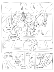 Size: 1022x1368 | Tagged: safe, artist:bb_meronpan, blaze the cat, knuckles the echidna, shadow the hedgehog, silver the hedgehog, sonic the hedgehog, sonic and the black knight, 2025, alternate universe, au:the lost kingdom, comic, english text, greyscale, monochrome, mouth open, simple background, sir galahad, sir gawain, sir percival, sketch, smile, solo, speech bubble, standing, sword, white background