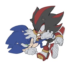 Size: 1342x1172 | Tagged: safe, artist:bb_meronpan, shadow the hedgehog, sonic the hedgehog, 2025, clenched teeth, duo, fight, gay, hand on another's face, looking at them, one eye closed, shadow x sonic, shipping, simple background, white background