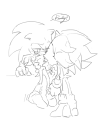 Size: 1312x1580 | Tagged: safe, artist:bb_meronpan, shadow the hedgehog, sonic the hedgehog, 2025, blushing, duo, english text, gay, greyscale, lidded eyes, looking at them, monochrome, shadow x sonic, shipping, simple background, sitting, sketch, speech bubble, standing, white background