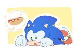 Size: 888x588 | Tagged: safe, artist:bb_meronpan, sonic the hedgehog, 2025, border, chili dog, food, lying down, lying on front, mouth open, simple background, solo, sparkles, yellow background