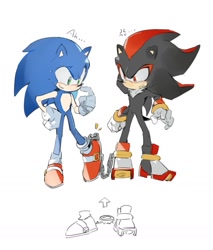 Size: 1150x1352 | Tagged: safe, artist:bb_meronpan, shadow the hedgehog, sonic the hedgehog, 2025, arrow, blushing, chain, duo, gay, looking down, shadow x sonic, shipping, simple background, smile, standing, white background