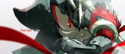 Size: 3496x1514 | Tagged: safe, artist:bb_meronpan, shadow the hedgehog, sonic and the black knight, 2025, clenched teeth, english text, grey background, holding something, looking at viewer, simple background, sir lancelot, solo, sword