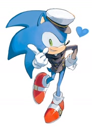 Size: 1024x1415 | Tagged: safe, artist:bb_meronpan, sonic the hedgehog, the murder of sonic the hedgehog, 2025, grin, hat, heart, looking at viewer, simple background, smile, solo, white background