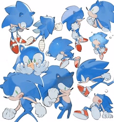 Size: 1920x2048 | Tagged: safe, artist:bb_meronpan, sonic the hedgehog, 2025, eyes closed, lidded eyes, lying down, lying on front, mouth open, simple background, sitting, smile, solo, standing, stretching, white background