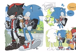 Size: 2048x1424 | Tagged: safe, artist:bb_meronpan, knuckles the echidna, miles "tails" prower, shadow the hedgehog, sonic the hedgehog, 2025, bag, chaos control, chaos emerald, comic, daytime, eating, eyes closed, food, frown, group, holding something, jacket, lidded eyes, looking at each other, looking at them, outdoors, school uniform, shirt, simple background, smile, speech bubble, standing, white background