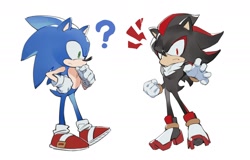 Size: 1962x1256 | Tagged: safe, artist:bb_meronpan, shadow the hedgehog, sonic the hedgehog, 2025, duo, frown, looking at them, question mark, simple background, standing, white background