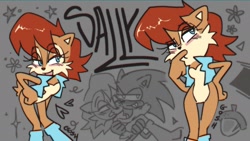 Size: 1920x1080 | Tagged: safe, artist:aka_goshhhh, sally acorn, sonic the hedgehog, chipmunk, hedgehog, 2026, blushing, carrying them, character name, duo, eye clipping through hair, eyebrow clipping through hair, female, flower (symbol), hand on hip, head tilt, heart, leaning forward, male, sally x sonic, sally's vest and boots, shipping, smile, star (symbol), straight