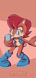 Size: 947x2048 | Tagged: safe, artist:jadepesky, nicole the handheld, sally acorn, chipmunk, 2026, alternate version, holding something, pose, sally's vest and boots, solo, sonic channel wallpaper style