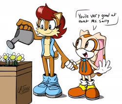 Size: 2048x1755 | Tagged: safe, artist:cpj2002, cream the rabbit, sally acorn, chipmunk, rabbit, chils, dialogue, duo, duo female, english text, female, flower, holding something, looking at them, mouth open, open smile, plant, simple background, smile, speech bubble, watering can, white background