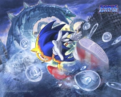 Size: 3276x2622 | Tagged: safe, artist:kornart3, amy rose, big the cat, chaos, e-102 gamma, knuckles the echidna, miles "tails" prower, perfect chaos, sonic the hedgehog, super sonic, sonic adventure, clouds, looking back, outdoors, ruins, running, super form, super transformation