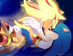Size: 1953x1510 | Tagged: safe, artist:mikune_19, shadow the hedgehog, sonic the hedgehog, super shadow, 2022, blushing, carrying them, cute, duo, eyes closed, flying, gay, holding each other, lidded eyes, looking at them, mid-air, shadow x sonic, shadowbetes, shipping, signature, smile, sonabetes, sparkles, super form