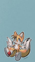 Size: 1120x1989 | Tagged: safe, artist:ashklash, miles "tails" prower, 2025, blue background, looking at viewer, mouth open, open smile, outline, pointing, signature, simple background, smile, solo, treads, wallpaper