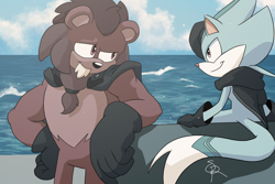 Size: 1800x1200 | Tagged: safe, artist:silhouetterobotnik, slinger the ocelot, smithy the lion, 2024, abstract background, daytime, diamond cutters, duo, leaning, leaning on something, lion, looking at each other, ocean, ocelot, outdoors, rock, signature, sitting, smile, standing, water