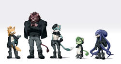 Size: 1397x745 | Tagged: safe, artist:joeadok, claire voyance, mimic the octopus, slinger the ocelot, smithy the lion, whisper the wolf, monkey, wolf, 2023, black sclera, diamond cutters, group, lion, ocelot, octopus, standing