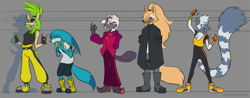Size: 2045x800 | Tagged: safe, artist:losttimpactt, dr. starline, kit the fennec, surge the tenrec, tangle the lemur, whisper the wolf, 2023, devil horns (gesture), flat colors, group, standing