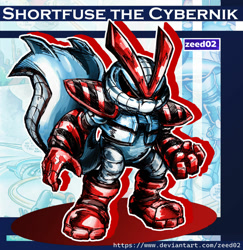 Size: 1280x1318 | Tagged: safe, artist:zeed_02, 2025, abstract background, black sclera, character name, looking at viewer, outline, robot, shortfuse the cybernik, solo, standing, text