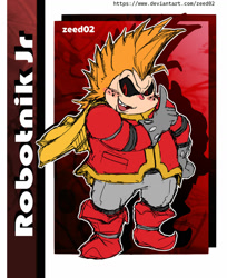 Size: 1280x1565 | Tagged: safe, artist:zeed_02, robotnik jr., human, 2024, black sclera, blushing, character name, freckles, hand on hip, looking at viewer, outline, pointing, redesign, smile, solo, standing, text