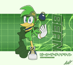 Size: 2000x1800 | Tagged: safe, artist:gsvproductions, bean the dynamite, bird, 2023, abstract background, bandana, bomb, character name, english text, hand on hip, helmet, japanese text, looking at viewer, riders style, signature, smile, solo, sonic riders, style emulation, text