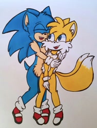 Size: 1207x1600 | Tagged: safe, artist:toffee-the-dingo, miles "tails" prower, sonic the hedgehog, 2019, duo, eyes closed, fluffy, gradient background, hugging, mouth open, open smile, smile