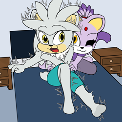 Size: 2000x2000 | Tagged: safe, artist:ticklebunny, blaze the cat, silver the hedgehog, barefoot, bed, duo, flat colors, indoors, smile, tickling