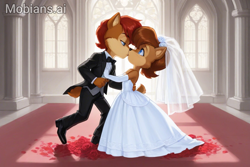 Size: 1152x768 | Tagged: safe, ai art, artist:mobians.ai, artist:whoactuallycares155, elias acorn, sally acorn, church, duo, elias x sally, flower, holding each other, incest, kiss, petals, rose, shipping, smile, standing, straight, wedding, wedding dress, wedding suit, wedding veil